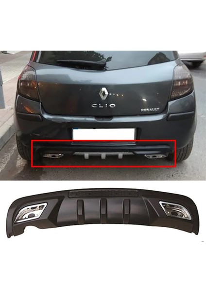 Renault Clio Mk3 Difüzör Difizör Siyah + Kare Egzoz Görünüm C Tip 2006 - 2012