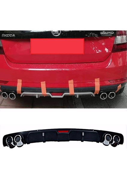 Skoda Rapid Siyah Difüzör 4 Krom Egzoz Görünümlü Difizör Arka Ek Body Kit