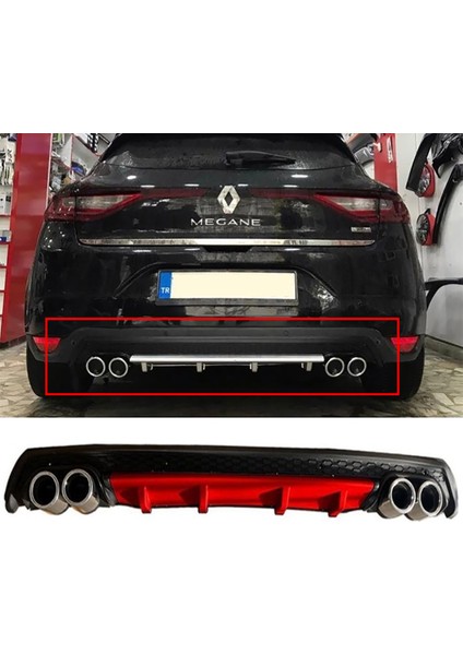 Renault Megane 4 Hb Kırmızı Difüzör Çiftli Yuvarlak Egzoz Görünümlü D Tip Difizör