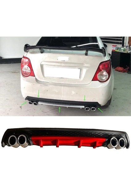 Chevrolet Aveo Sedan Kırmızı Difüzör Çiftli Yuvarlak Egzoz Görünümlü D Tip Difizör 2012 - 2016