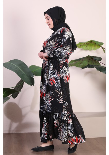 Kadin Büyük Beden Elbise Palmiye Desenli Viskon Elbise modelleri
