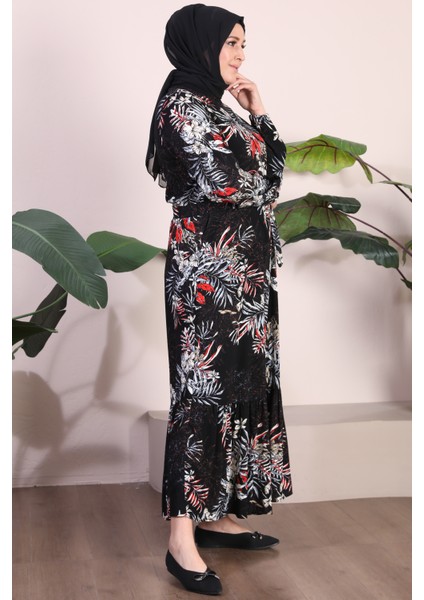 Kadin Büyük Beden Elbise Palmiye Desenli Viskon Elbise fırsatları