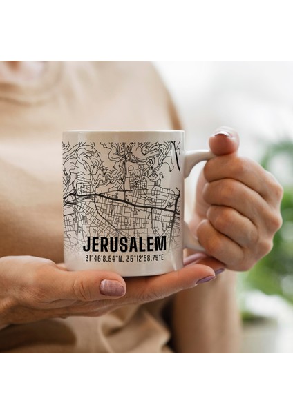 Jerusalem Şehir Haritası Baskılı Porselen Kupa Bardak 300 ml