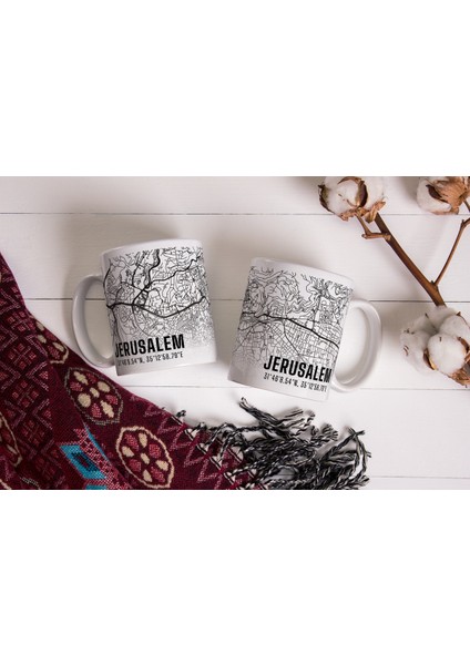 Jerusalem Şehir Haritası Baskılı Porselen Kupa Bardak 300 ml modelleri