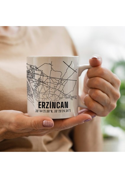Erzincan Şehir Haritası Baskılı Porselen Kupa Bardak 300 ml