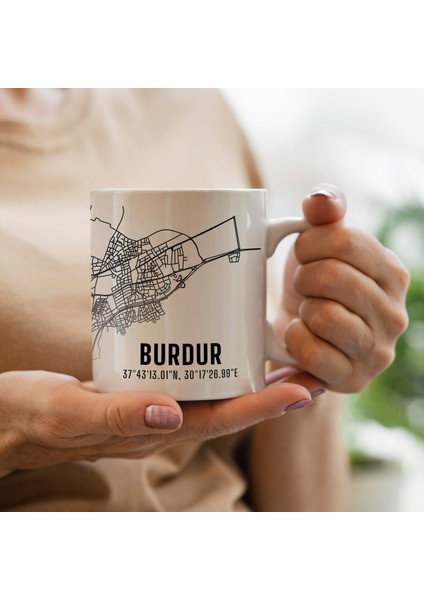 Burdur Şehir Haritası Baskılı Porselen Kupa Bardak 300 ml