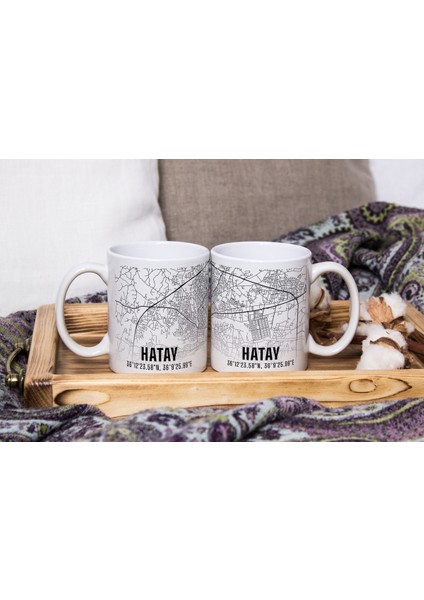 Hatay Şehir Haritası Baskılı Porselen Kupa Bardak 300 ml