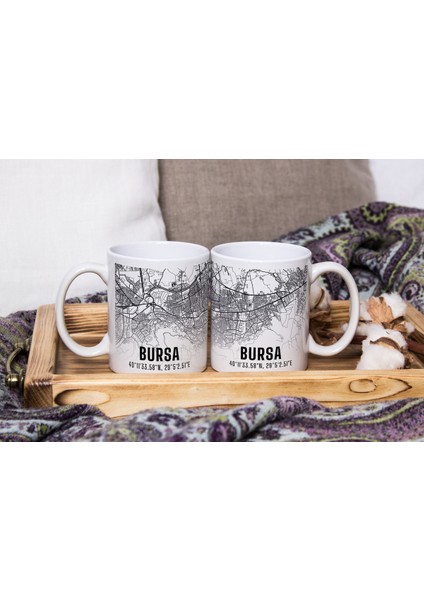 Bursa Şehir Haritası Baskılı Porselen Kupa Bardak 300 ml