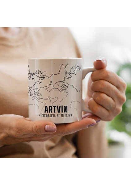 Artvin Şehir Haritası Baskılı Porselen Kupa Bardak 300 ml