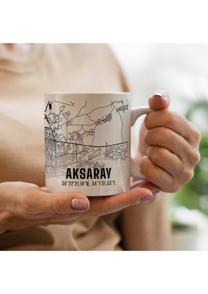 Aksaray Şehir Haritası Baskılı Porselen Kupa Bardak 300 ml