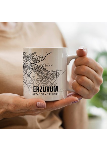 Erzurum Şehir Haritası Baskılı Porselen Kupa Bardak 300 ml