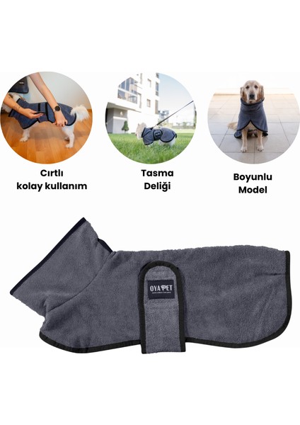 Boyunlu Köpek Bornozu, Yüksek Gramajlı Mikrofiber, Gri