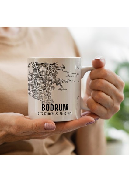 Bodrum Şehir Haritası Baskılı Porselen Kupa Bardak 300 ml
