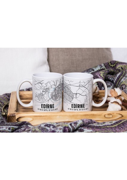 Edirne Şehir Haritası Baskılı Porselen Kupa Bardak 300 ml