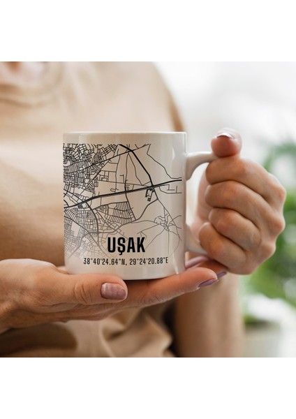 Uşak Şehir Haritası Baskılı Porselen Kupa Bardak 300 ml