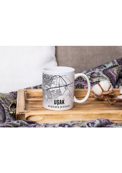 Uşak Şehir Haritası Baskılı Porselen Kupa Bardak 300 ml