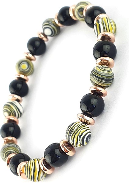 Oniks Hematit ve Malakit Taşlı El Işi Doğal Taş Bileklik