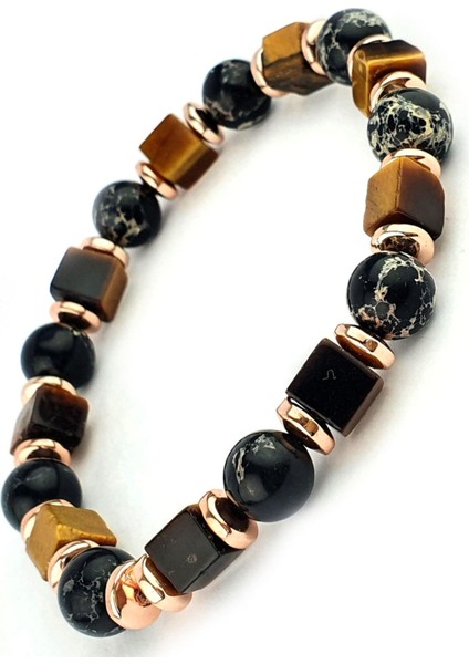 Kaplan Gözü Hematit ve Akik Taşlı El Işi Doğal Taş Bileklik