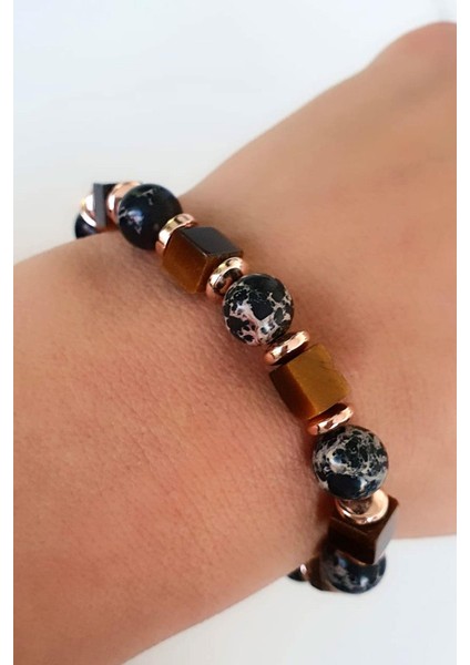 Kaplan Gözü Hematit ve Akik Taşlı El Işi Doğal Taş Bileklik fiyatları