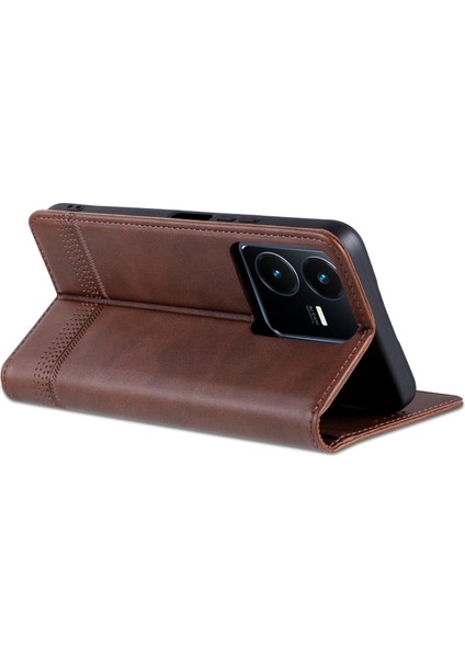Vivo Y22S 4g / Y22 4g / Y35 4g (2022) Cowhide Doku Pu Deri Kasa Manyetik Otomatik Emici Telefon Kapağı Standı (Yurt Dışından)