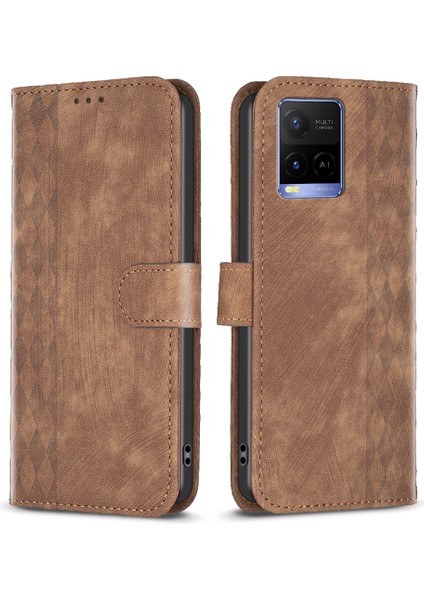 Vivo Y21 / Y21S / Y33S Telefon Kılıfı Pu Deri Izgara Deseni Baskılı Kapak Stand Cüzdan Kabuğu (Yurt Dışından)