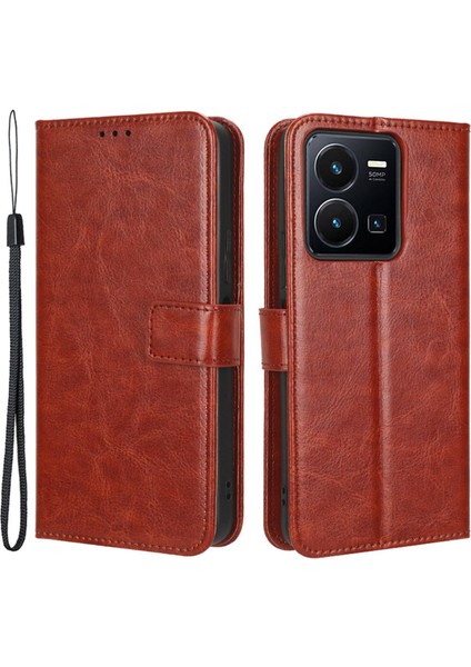 Vivo Y35 4g (2022) / Y22S 4g / Y22 4g Pu Deri Deri Şok Geçirmez Cep Telefon Kılıfı Çılgın At Dokusu Dikkat Stand Cüzdan Kapağı (Yurt Dışından)