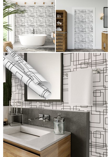 Siyah Beyaz Geometrik Desenli Yapışkanlı Folyo, Mutfak, Tezgah, Masa, Dolap Kaplama Folyosu, Isıya Dayanıklı, Su Geçirmez, Kendinden Yapışkan Folyolar, Sticker, Büyük Ebatlı, Dekoros