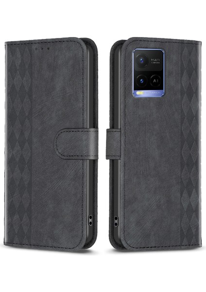 Vivo Y21 / Y21S / Y33S Telefon Kılıfı Pu Deri Izgara Deseni Baskılı Kapak Stand Cüzdan Kabuğu (Yurt Dışından)