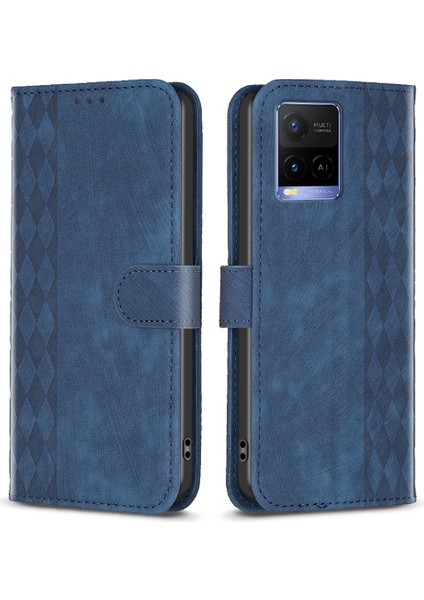 Vivo Y21 / Y21S / Y33S Telefon Kılıfı Pu Deri Izgara Deseni Baskılı Kapak Stand Cüzdan Kabuğu (Yurt Dışından)