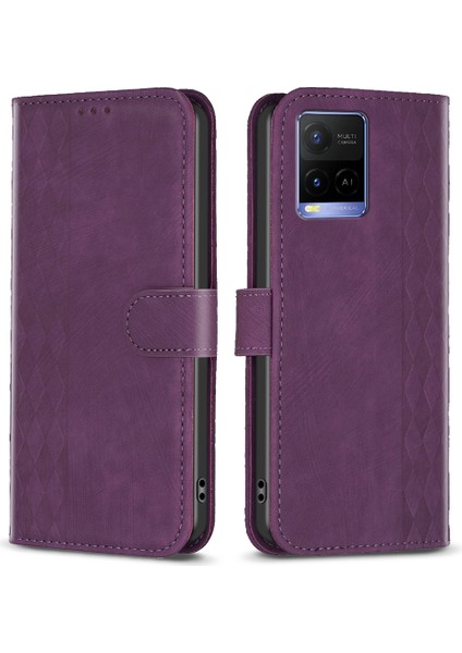 Vivo Y21 / Y21S / Y33S Telefon Kılıfı Pu Deri Izgara Deseni Baskılı Kapak Stand Cüzdan Kabuğu (Yurt Dışından)