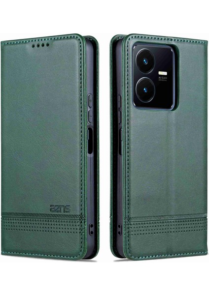 Vivo Y22S 4g / Y22 4g / Y35 4g (2022) Cowhide Doku Pu Deri Kasa Manyetik Otomatik Emici Telefon Kapağı Standı (Yurt Dışından)