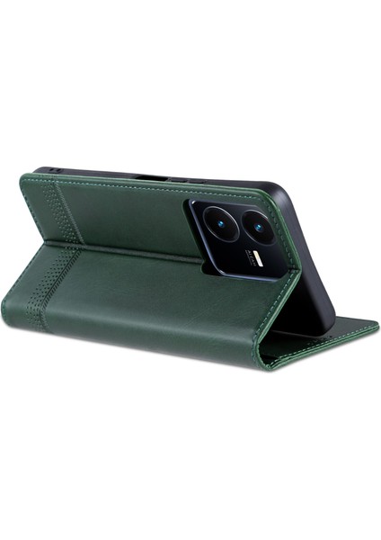 Vivo Y22S 4g / Y22 4g / Y35 4g (2022) Cowhide Doku Pu Deri Kasa Manyetik Otomatik Emici Telefon Kapağı Standı (Yurt Dışından)