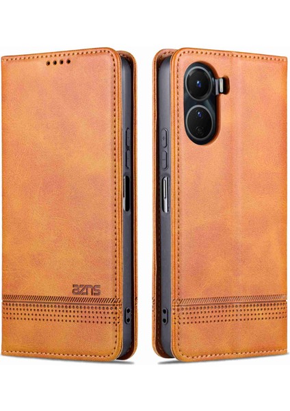 Vivo Y16 4g Cowhide Doku Pu Pu Deri Deri Şok Geçirmez Kılıf Manyetik Otomatik Absorlanmış Telefon Cüzdan Stand Kapağı (Yurt Dışından)