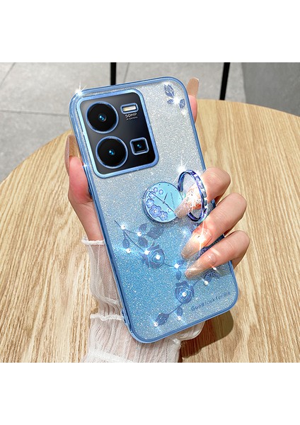 Vivo Y35 4g (2022) Kickstand Tpu Kasa Gradyan Glitter Rhinestone Çiçek Telefon Kapağı (Yurt Dışından)