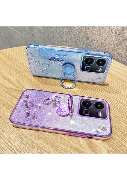 Vivo Y35 4g (2022) Kickstand Tpu Kasa Gradyan Glitter Rhinestone Çiçek Telefon Kapağı (Yurt Dışından)