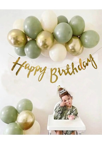 7 Küf Yeşili 3 Krom Gold 3 Kum Beji Rengi Pastel Balon Gold Happy Birthday Banner Zincir Balon Seti