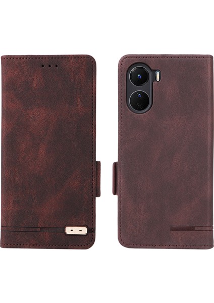 Vivo Y16 4g Pu Deri Anti-Drop Kılıf Donanım Dekoru Çift Manyetik Toka Cüzdan Stand Telefon Kapağı (Yurt Dışından)