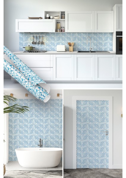 Açık Mavi Çini Desenli Desenli Yapışkanlı Folyo, Mutfak, Salon, Tezgah, Masa, Dolap Kaplama Folyosu, Isıya Dayanıklı, Su Geçirmez, Kendinden Yapışkan Folyolar, Sticker, Büyük Ebatlı, Dekoros