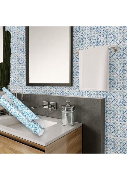 Açık Mavi Çini Desenli Desenli Yapışkanlı Folyo, Mutfak, Salon, Tezgah, Masa, Dolap Kaplama Folyosu, Isıya Dayanıklı, Su Geçirmez, Kendinden Yapışkan Folyolar, Sticker, Büyük Ebatlı, Dekoros