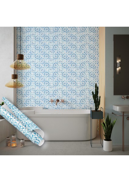 Açık Mavi Çini Desenli Desenli Yapışkanlı Folyo, Mutfak, Salon, Tezgah, Masa, Dolap Kaplama Folyosu, Isıya Dayanıklı, Su Geçirmez, Kendinden Yapışkan Folyolar, Sticker, Büyük Ebatlı, Dekoros