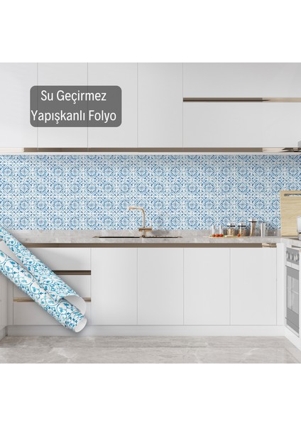 Açık Mavi Çini Desenli Desenli Yapışkanlı Folyo, Mutfak, Salon, Tezgah, Masa, Dolap Kaplama Folyosu, Isıya Dayanıklı, Su Geçirmez, Kendinden Yapışkan Folyolar, Sticker, Büyük Ebatlı, Dekoros