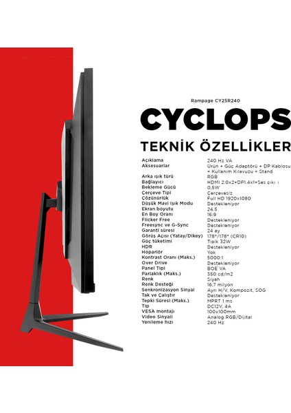 Cyclops CY25R240 25 240Hz 1ms Boe Va Full Hd Hdr Freesync Logo Yansıtma Rgb Pc Flat Oyuncu Monitörü