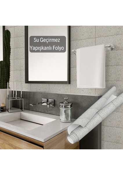 Beyaz Noktalı Mermer Desenli Yapışkanlı Folyo, Derz Görünümlü, Mutfak, Tezgah, Masa, Dolap Kaplama Folyosu, Su Geçirmez, Kendinden Yapışkan Folyolar, Sticker, Büyük Ebatlı, Dekoros