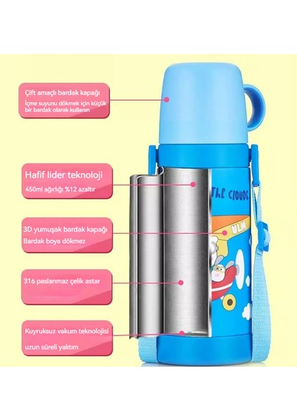 316 Paslanmaz Çelik Çocuk Termos Bardak, Öğrenci Termos Bardak, 3D Stereoskopik Desen, 450ML (Yurt Dışından)