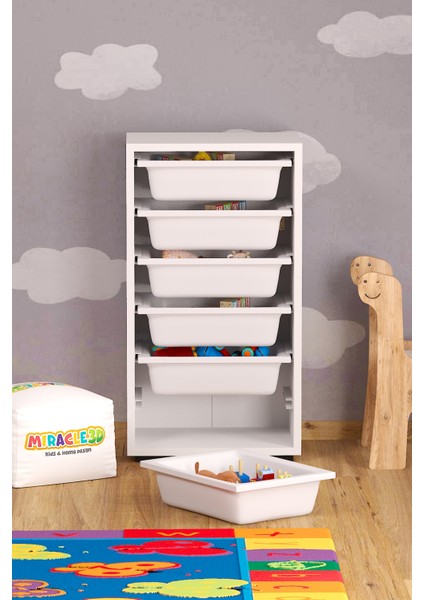 6 Sepetli Çok Amaçlı Dolap Beyaz Sepetli Çocuk Odası Organizer