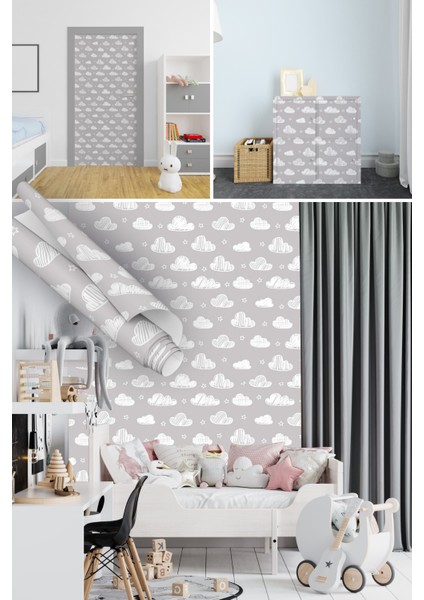 Gri Arkaplanlı Bulutlar Çizgi Film Desenli Yapışkanlı Folyo, Bebek Odaları, Çocuk Odası Folyosu, Kaplama Folyosu, Yapışkan Folyolar, Sticker, Büyük Ebatlı, Dekoros