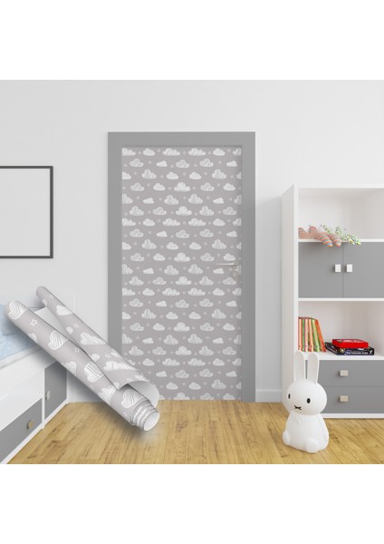 Gri Arkaplanlı Bulutlar Çizgi Film Desenli Yapışkanlı Folyo, Bebek Odaları, Çocuk Odası Folyosu, Kaplama Folyosu, Yapışkan Folyolar, Sticker, Büyük Ebatlı, Dekoros modelleri