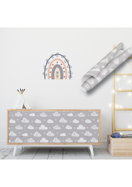 Gri Arkaplanlı Bulutlar Çizgi Film Desenli Yapışkanlı Folyo, Bebek Odaları, Çocuk Odası Folyosu, Kaplama Folyosu, Yapışkan Folyolar, Sticker, Büyük Ebatlı, Dekoros fırsatları