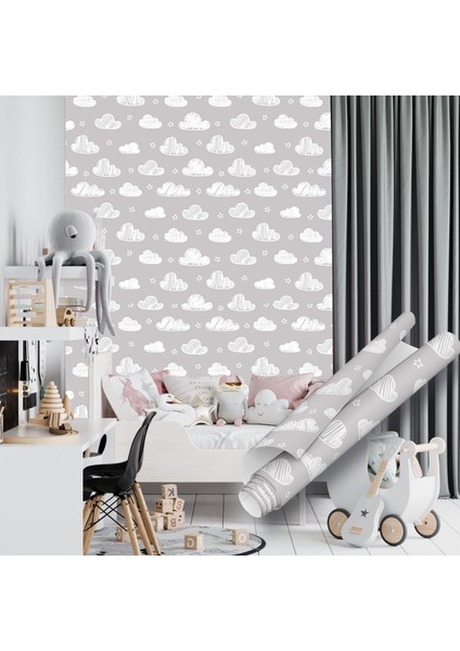 Gri Arkaplanlı Bulutlar Çizgi Film Desenli Yapışkanlı Folyo, Bebek Odaları, Çocuk Odası Folyosu, Kaplama Folyosu, Yapışkan Folyolar, Sticker, Büyük Ebatlı, Dekoros indirimleri