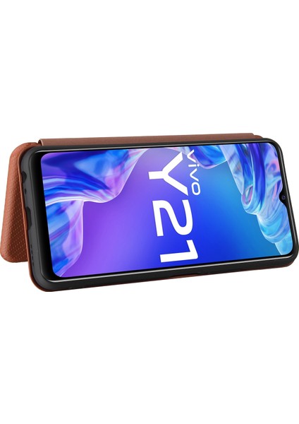 Vivo Y21/Y33S Kart Yuvalı Karbon Fiber Dokulu Deri Telefon Kılıfı (Yurt Dışından)